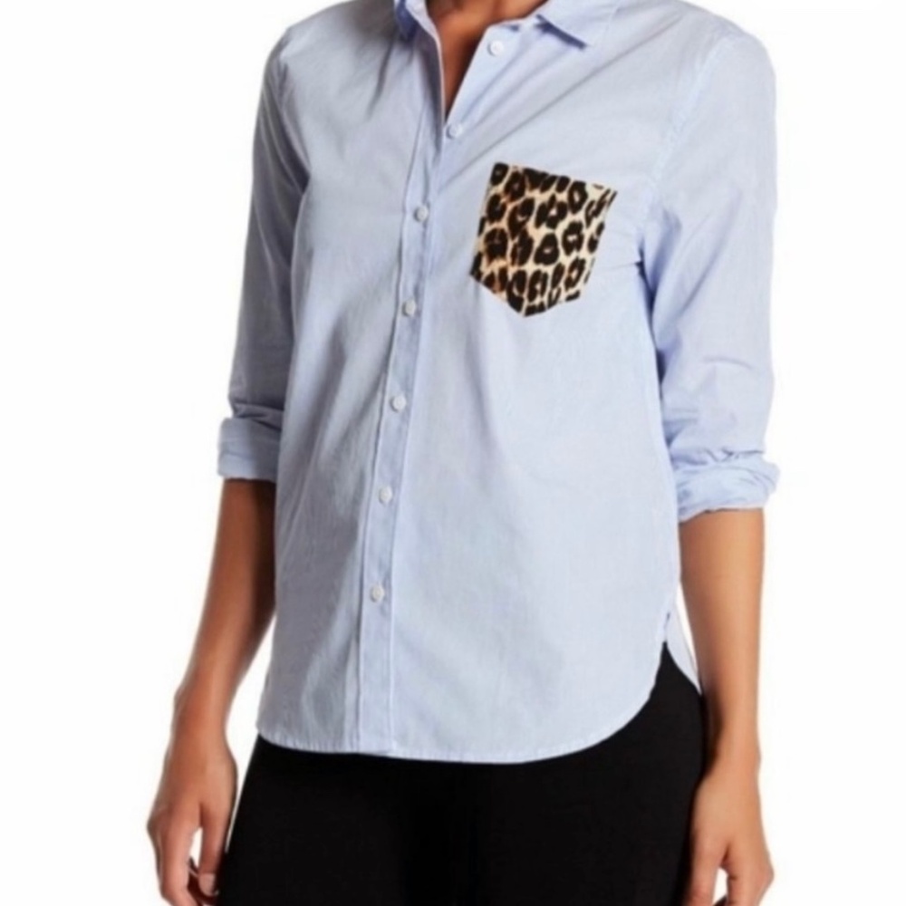 Equipment Blue and White pinstripe button down shirt with leopard print pocket